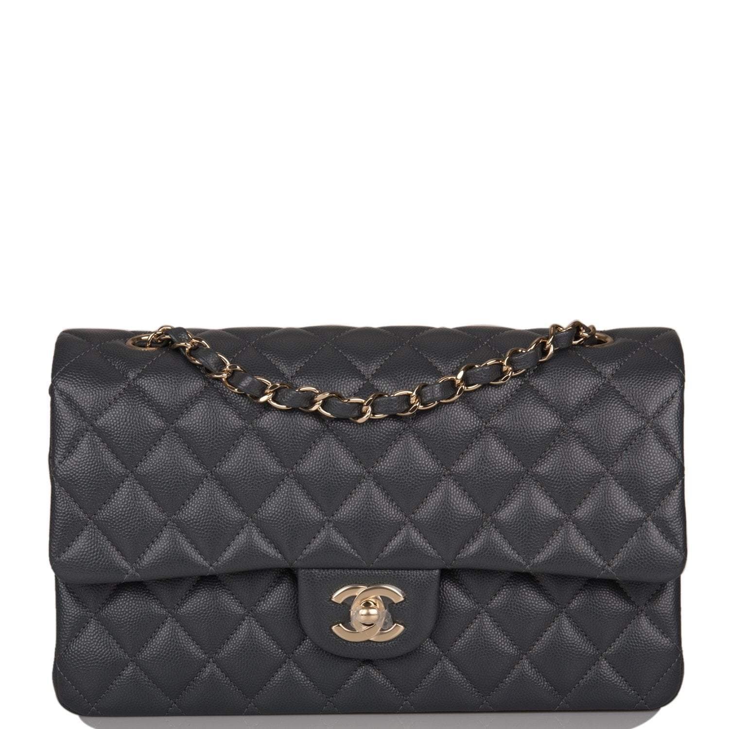 Chanel Medium Classic Double Flap Bag Dark Gray Caviar Light Gold Hardware