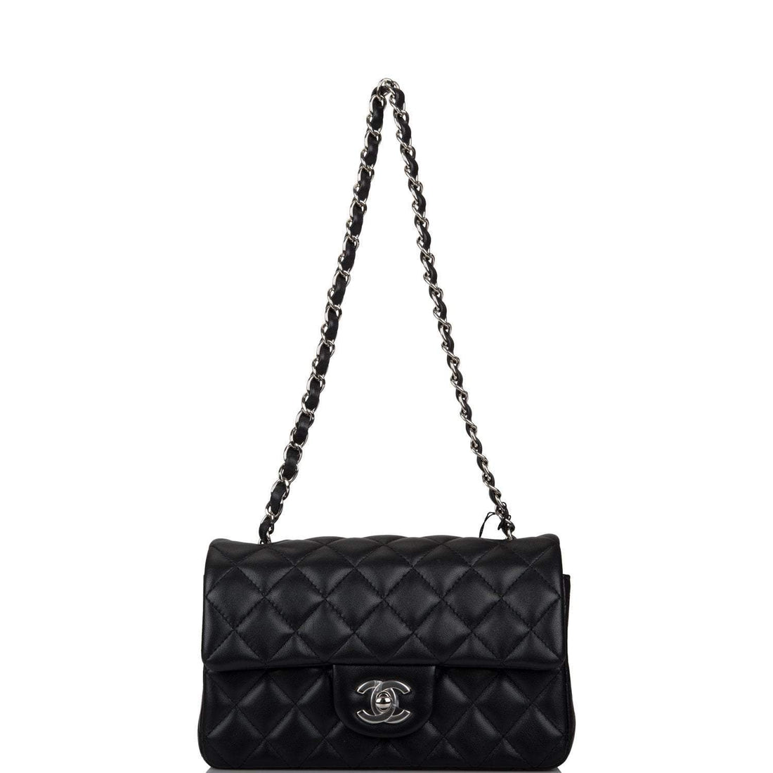 Chanel Mini Rectangular Flap Bag Black Lambskin Light Silver Hardware