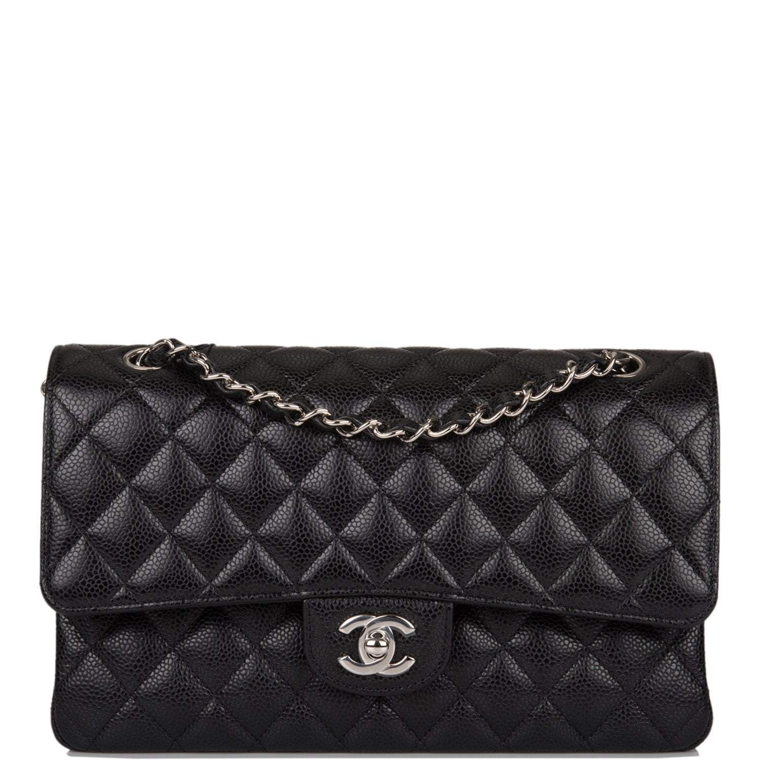 Chanel Medium Classic Double Flap Bag Black Quilted Caviar Silver Hardware