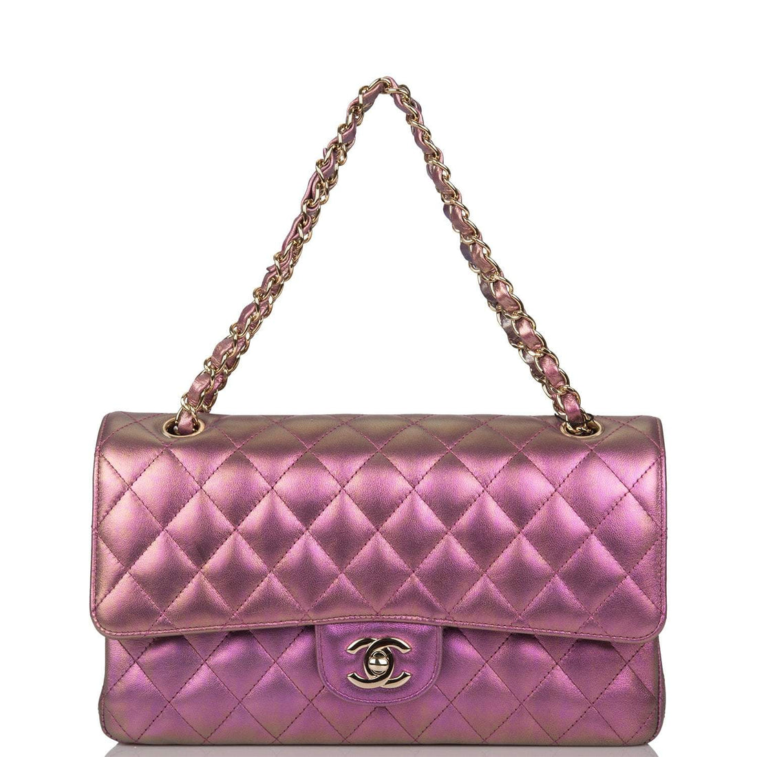Chanel Medium Classic Double Flap Bag Purple Iridescent Lambskin Light Gold Hardware