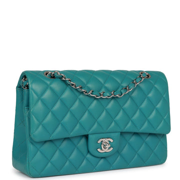 New Chanel Medium Classic Double Flap Bag Blue Lambskin Silver Hardware