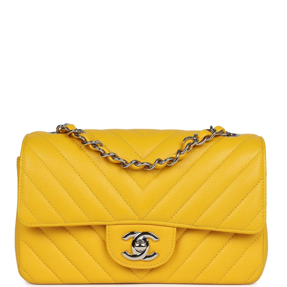 New Chanel Mini Rectangular Flap Yellow Chevron Caviar Silver Hardware