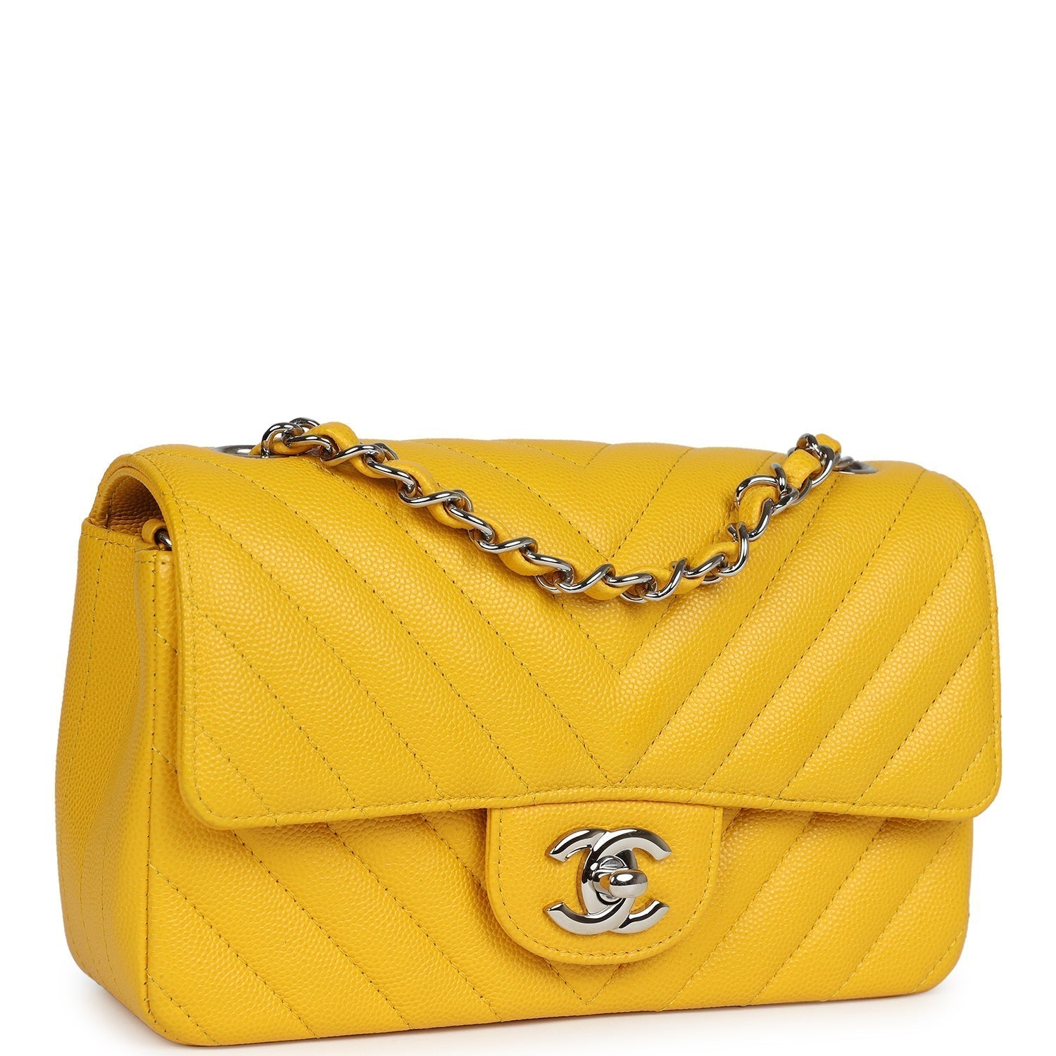 New Chanel Mini Rectangular Flap Yellow Chevron Caviar Silver Hardware