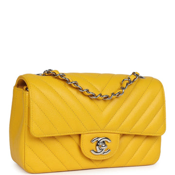 New Chanel Mini Rectangular Flap Yellow Chevron Caviar Silver Hardware