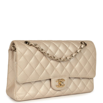 New Chanel Medium Classic Double Flap Pearly Beige Caviar Gold Hardware