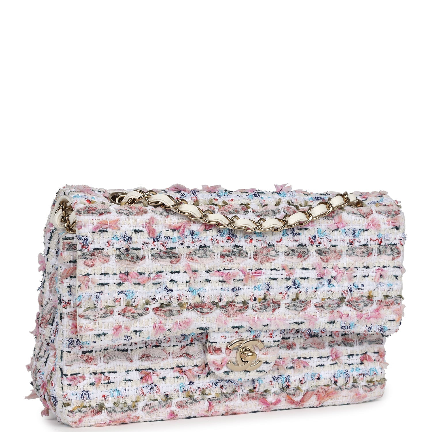 New Chanel Medium Classic Double Flap White Multicolored Tweed Light Gold Hardware