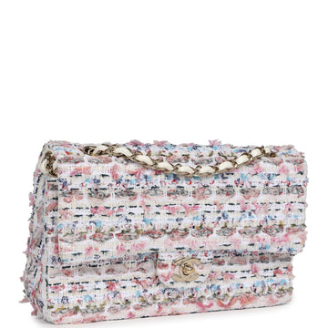 New Chanel Medium Classic Double Flap White Multicolored Tweed Light Gold Hardware