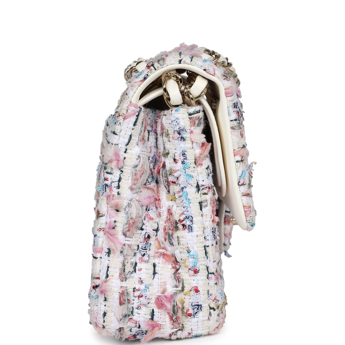 New Chanel Medium Classic Double Flap White Multicolored Tweed Light Gold Hardware