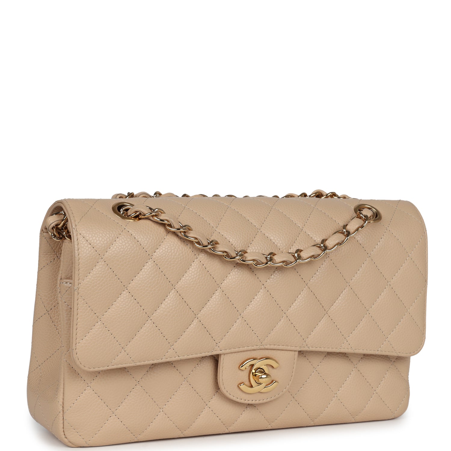 New Chanel Medium Classic Double Flap Beige Caviar Gold Hardware