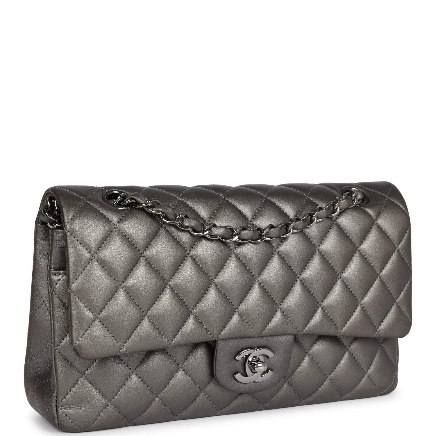 New Chanel Medium Classic Double Flap Bag Metallic Grey Lambskin Silver Hardware