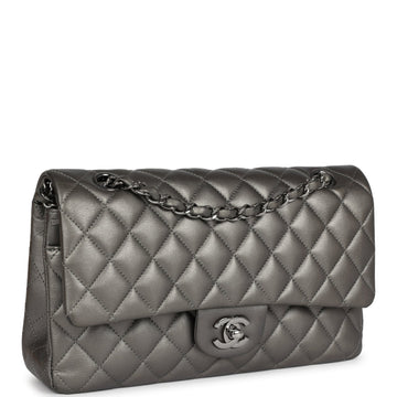 New Chanel Medium Classic Double Flap Bag Metallic Grey Lambskin Silver Hardware