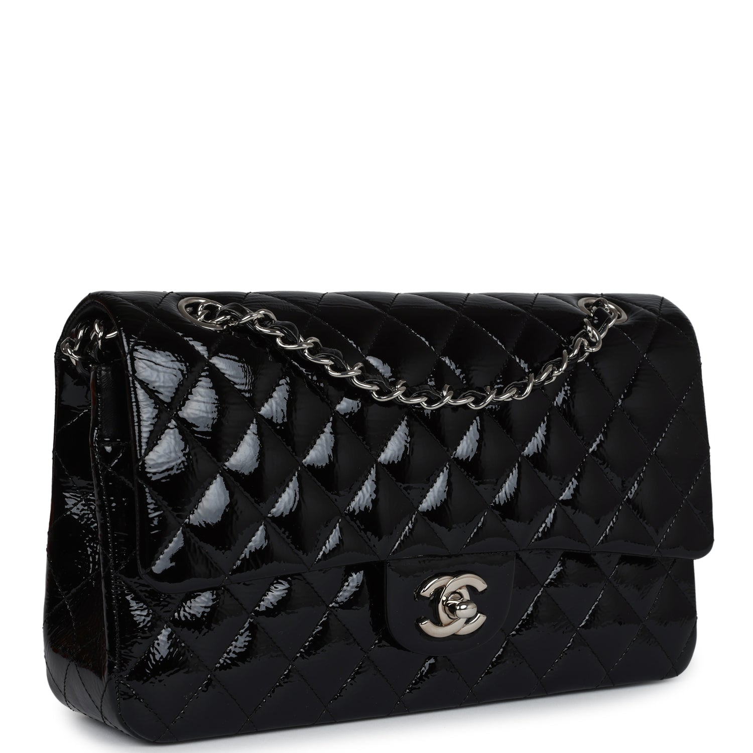 Chanel Medium Classic Double Flap Bag Black Crumpled Patent Leather Silver Hardware