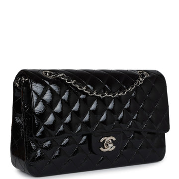 Chanel Medium Classic Double Flap Bag Black Crumpled Patent Leather Silver Hardware