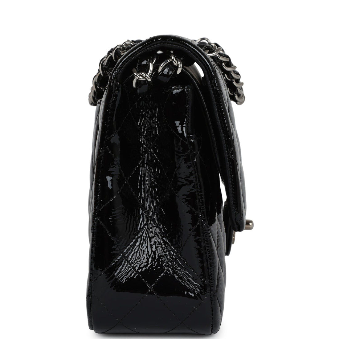 Chanel Medium Classic Double Flap Bag Black Crumpled Patent Leather Silver Hardware