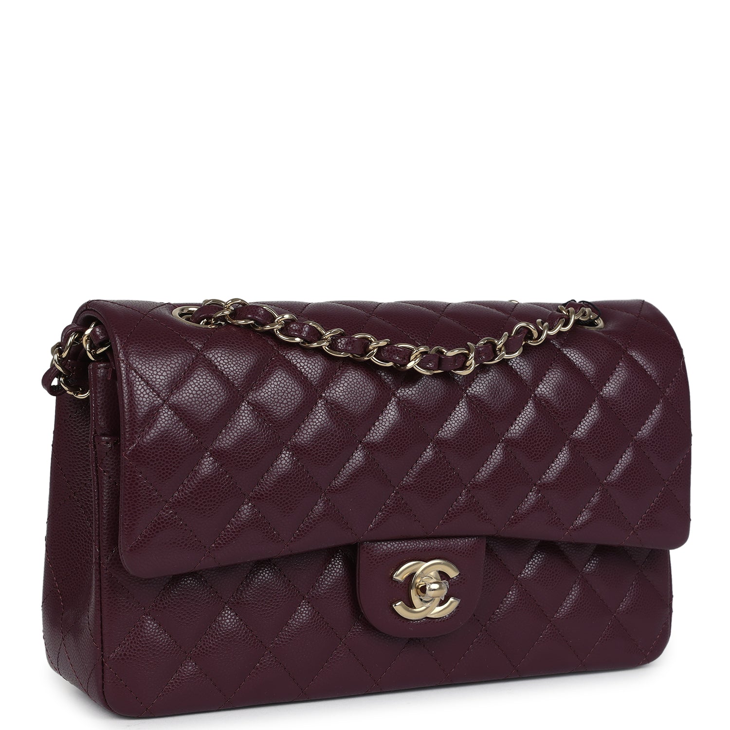Chanel Medium Classic Double Flap Bag Burgundy Caviar Light Gold Hardware