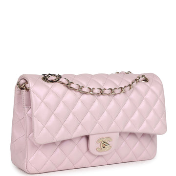 Chanel Medium Classic Double Flap Bag Pink Iridescent Lambskin Light Gold Hardware