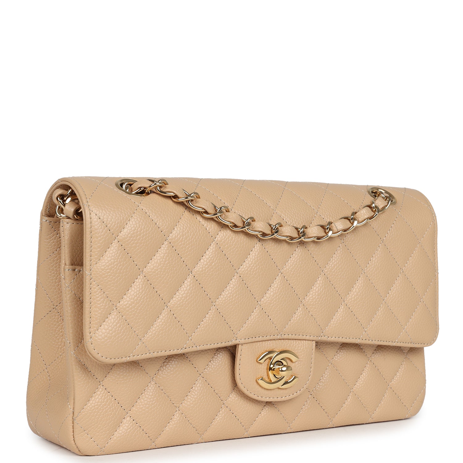 New Chanel Medium Classic Double Flap Beige Caviar Gold Hardware