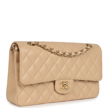 New Chanel Medium Classic Double Flap Beige Caviar Gold Hardware