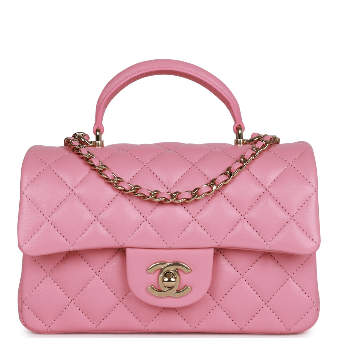 Chanel Mini Rectangular Flapbag with Top Handle Pink Lambskin Light Gold Hardware