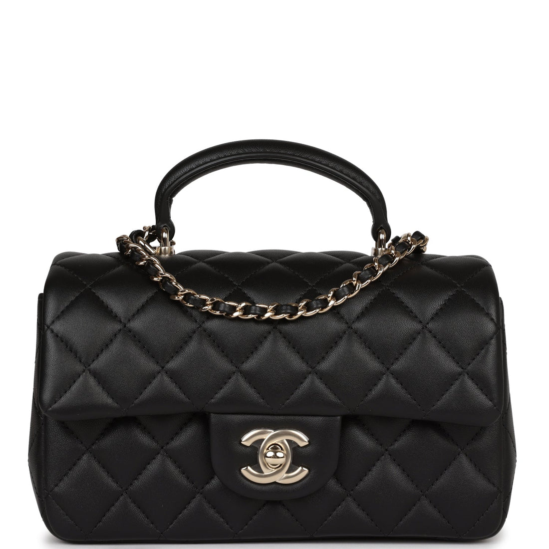 Chanel Mini Rectangular Flap Bag with Top Handle Black Lambskin Light Gold Hardware