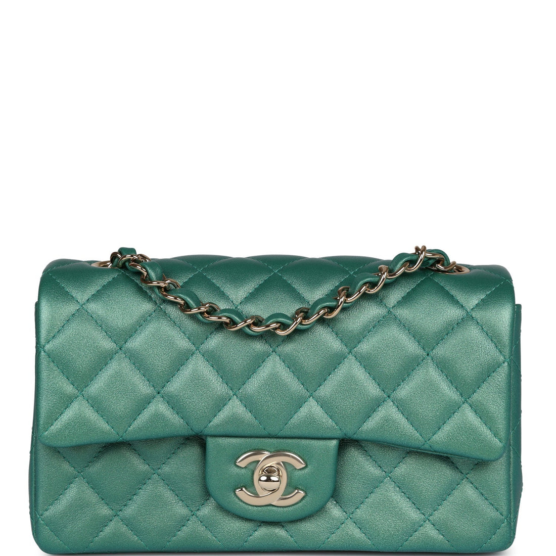 Chanel Mini Classic Rectangular Flap Iridescent Green Lambskin Light Gold Hardware