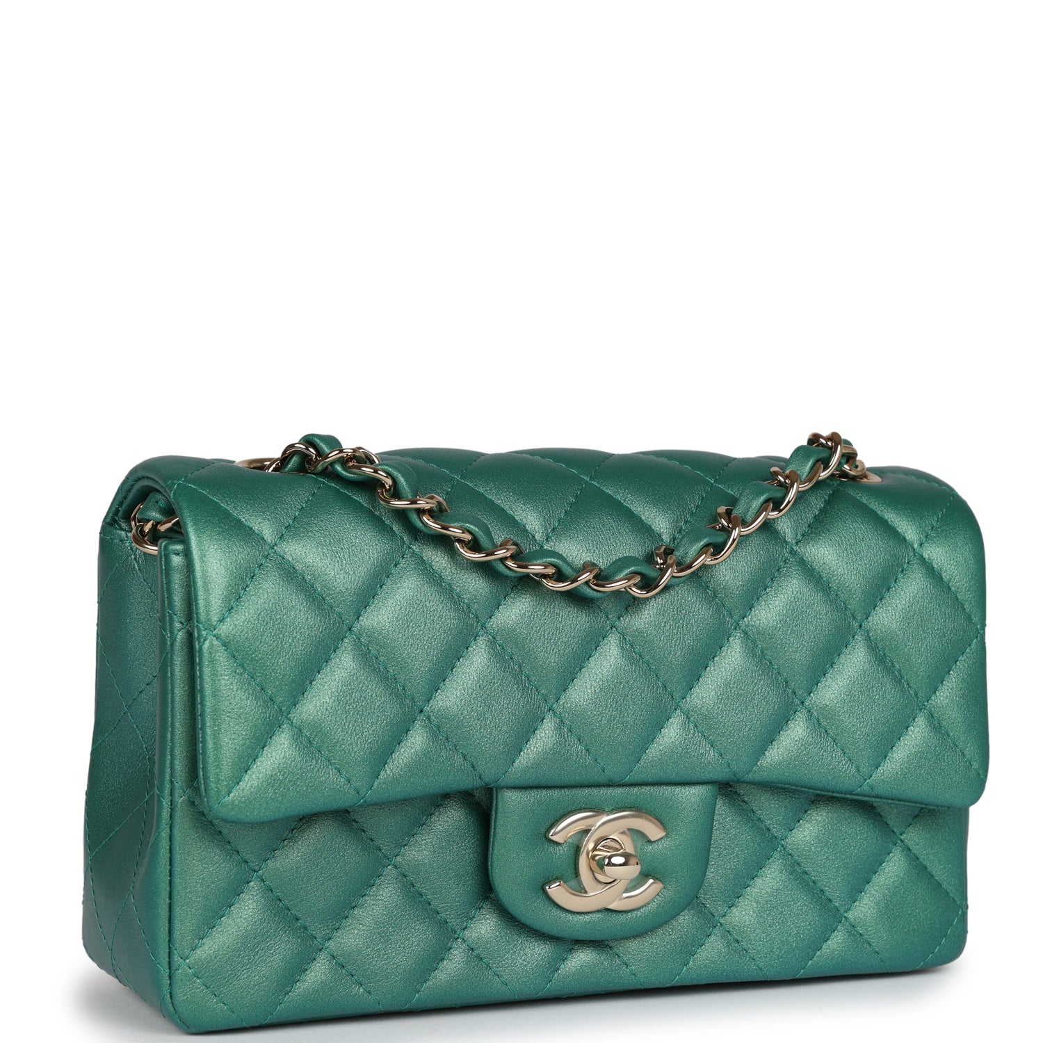 Chanel Mini Classic Rectangular Flap Iridescent Green Lambskin Light Gold Hardware