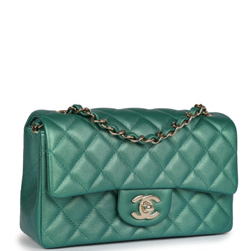 Chanel Mini Classic Rectangular Flap Iridescent Green Lambskin Light Gold Hardware