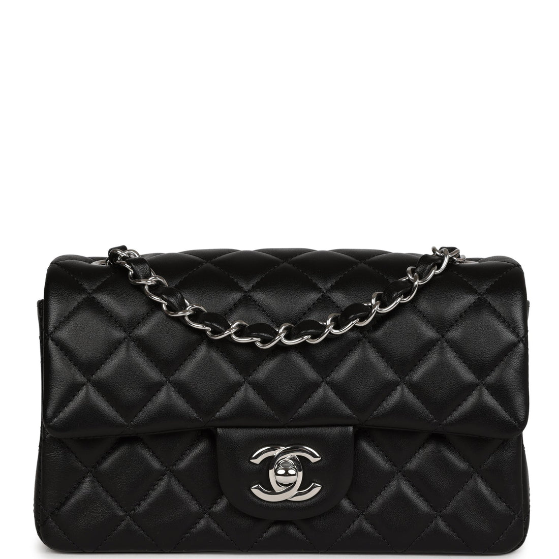 Chanel Mini Rectangular Flap Bag Black Lambskin Silver Hardware