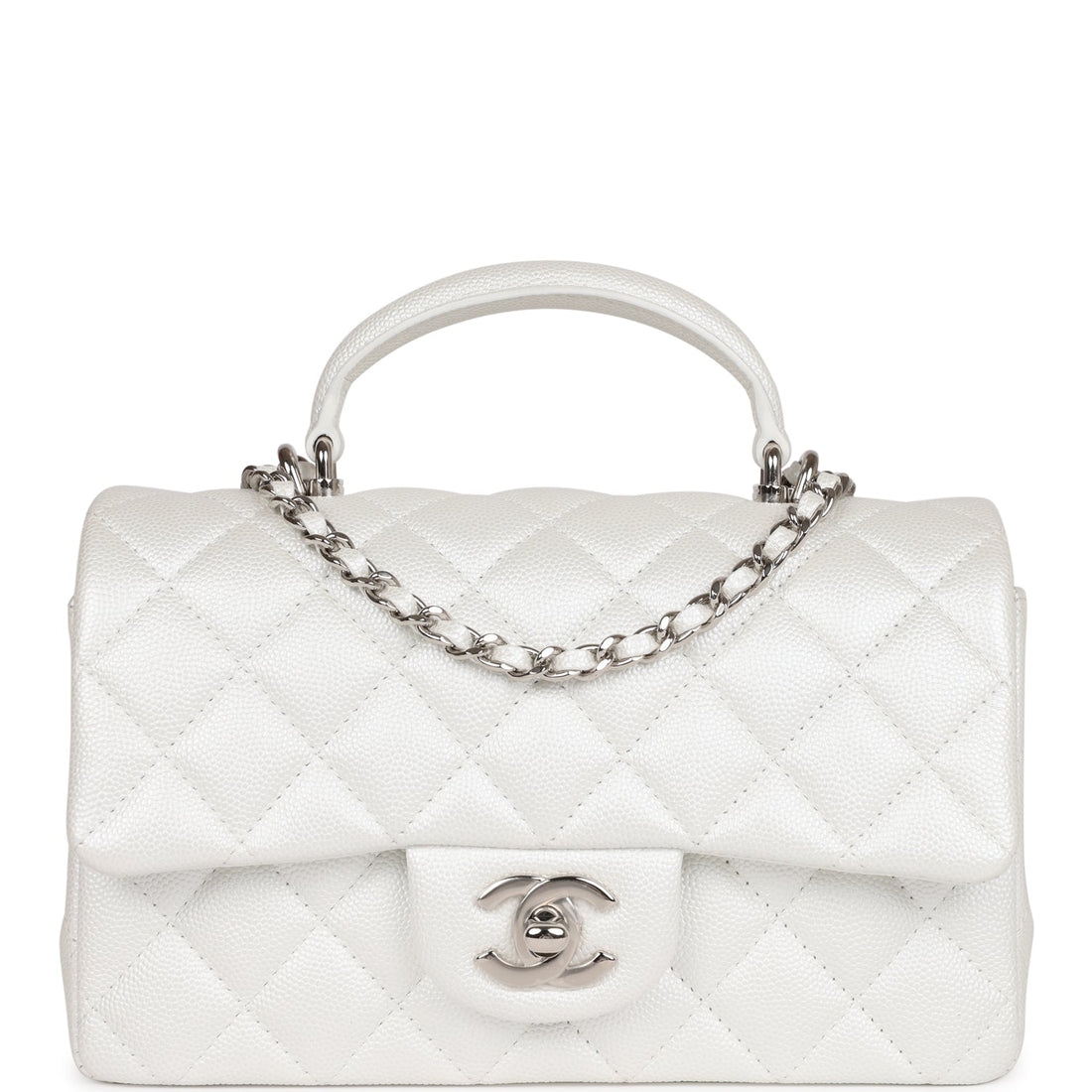 Chanel Mini Rectangular Top Handle Flap Bag White Iridescent Caviar Silver Hardware