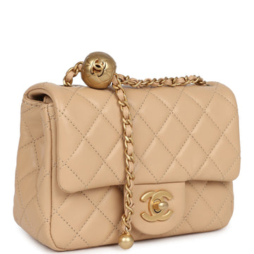 Chanel Mini Square Pearl Crush Flap Bag Beige Lambskin Aged Gold Hardware