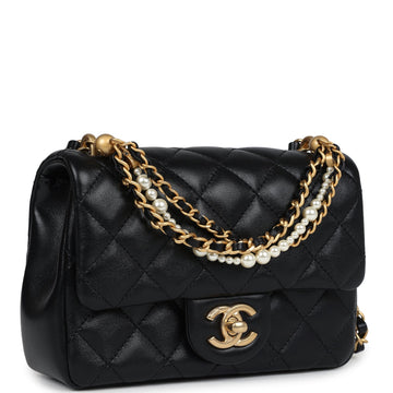 Chanel Mini Square Pearl Flap Bag Black Lambskin Brushed Gold Hardware