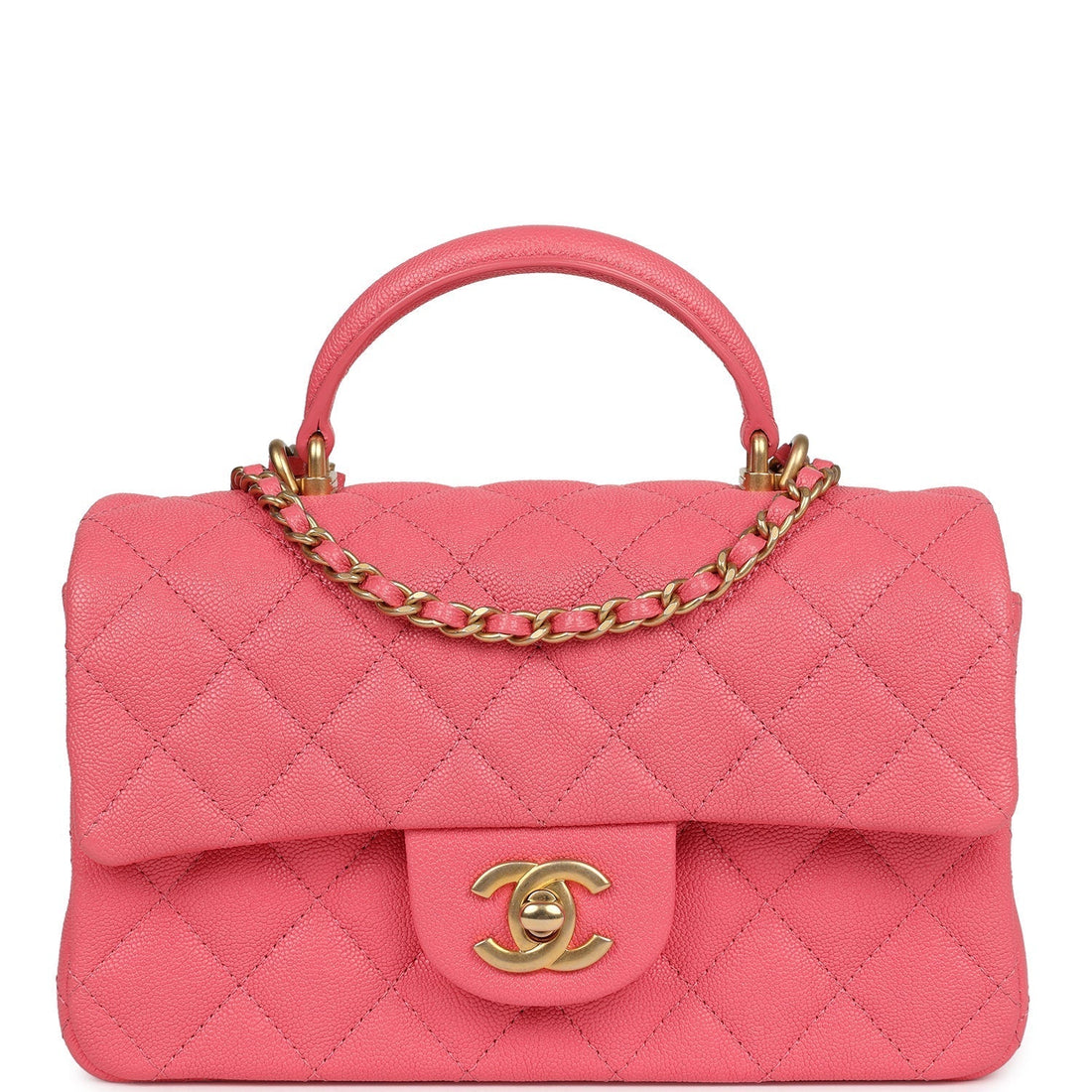 New Chanel Mini Rectangular Flap with Top Handle Hot Pink Caviar Antique Gold Hardware