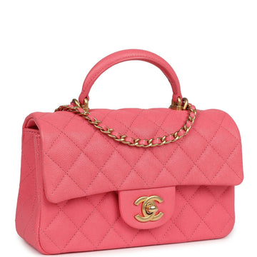 New Chanel Mini Rectangular Flap with Top Handle Hot Pink Caviar Antique Gold Hardware