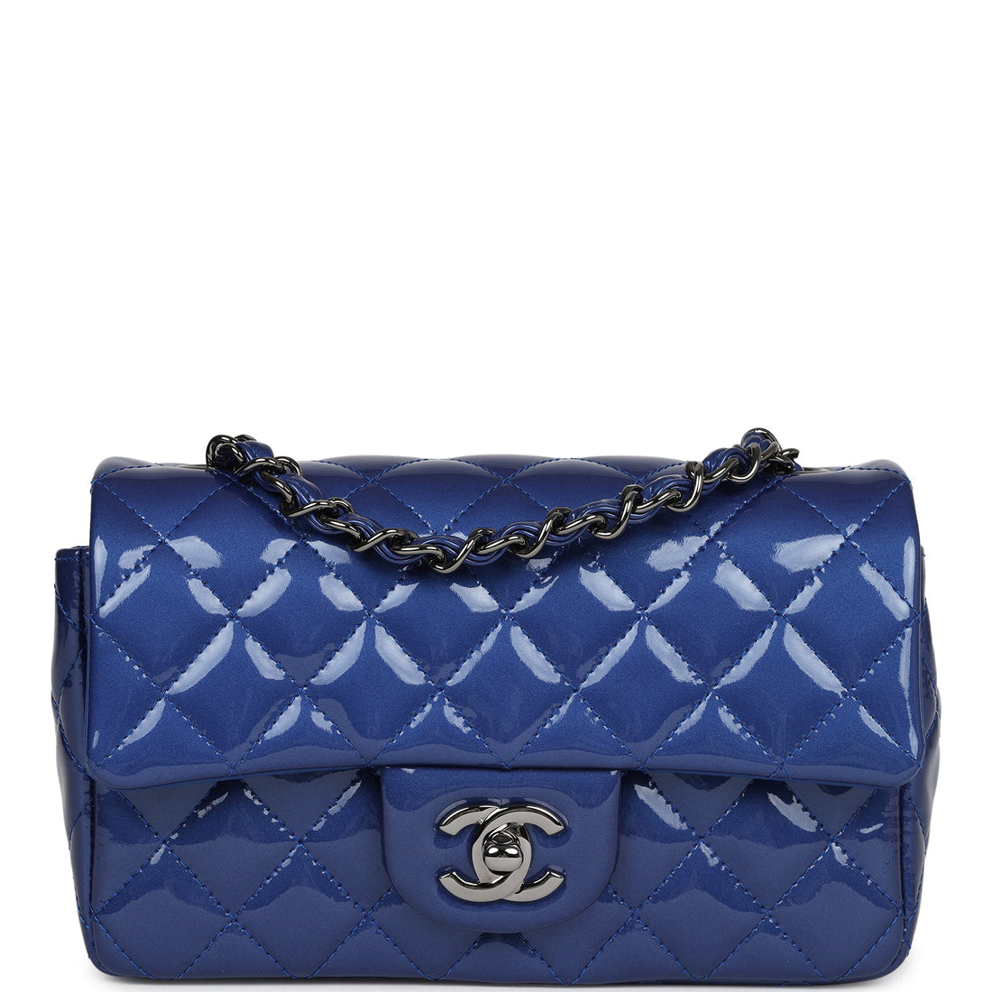 Chanel Mini Rectangular Flap Bag Blue Patent Ruthenium Hardware