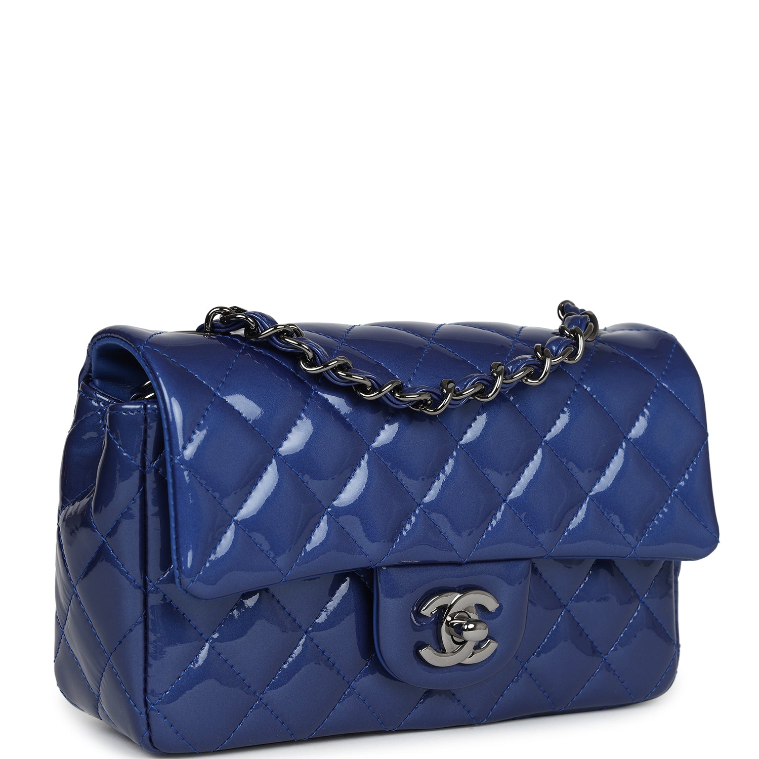 New Chanel Mini Rectangular Flap Bag Blue Patent Ruthenium Hardware