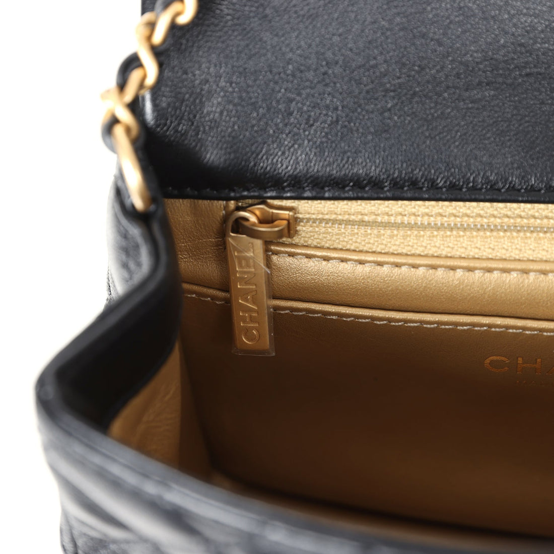 Chanel Mini Square Pearl Crush Flap Bag Black Lambskin Antique Gold Hardware