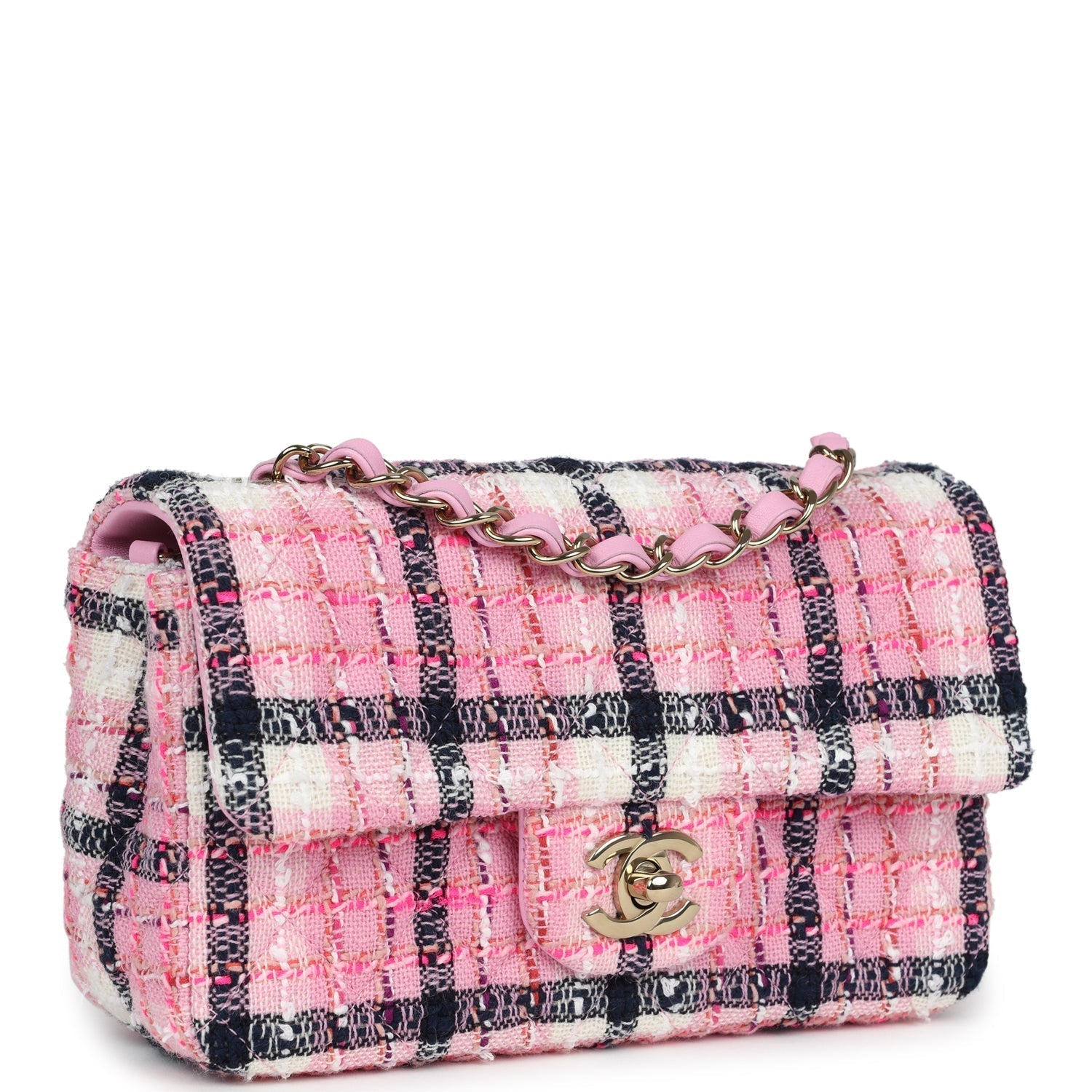 Chanel Mini Rectangular Flap Bag Pink, White and Black Tweed Light Gold Hardware