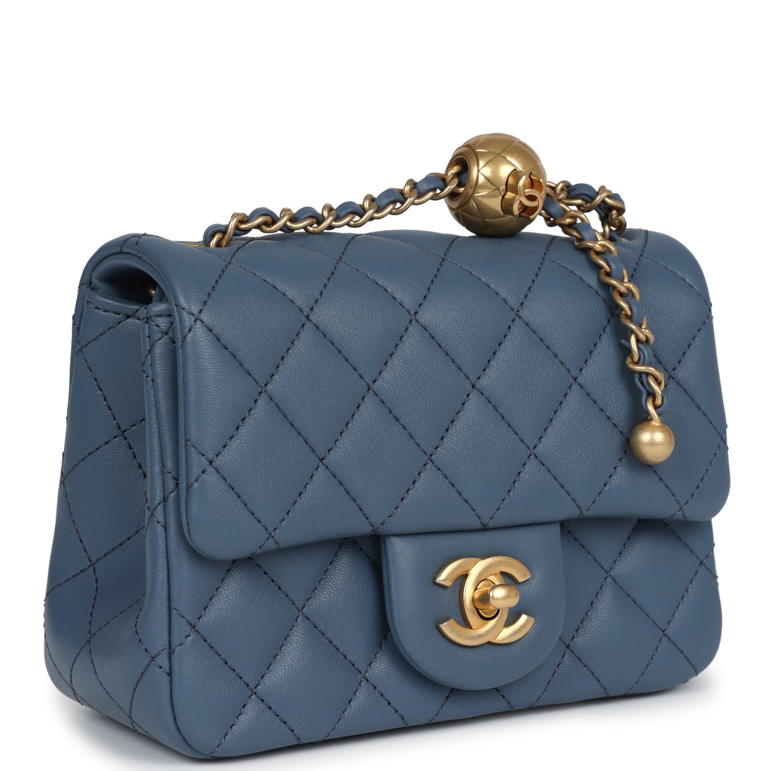 Chanel Mini Square Pearl Crush Flap Blue Lambskin Antique Gold Hardware