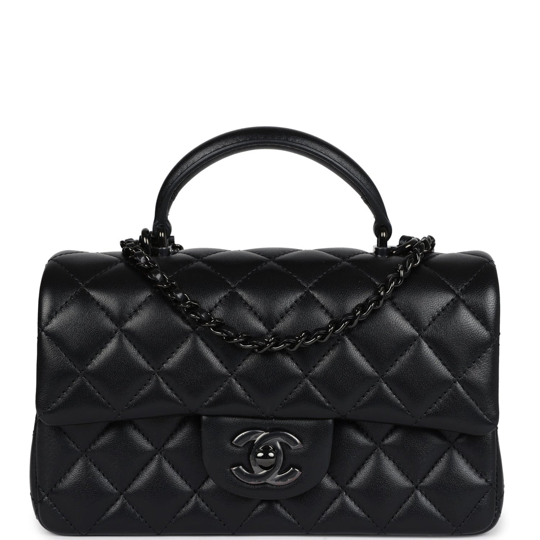 Chanel Mini Rectangular Top Handle Flap Bag So Black Lambskin Black Hardware