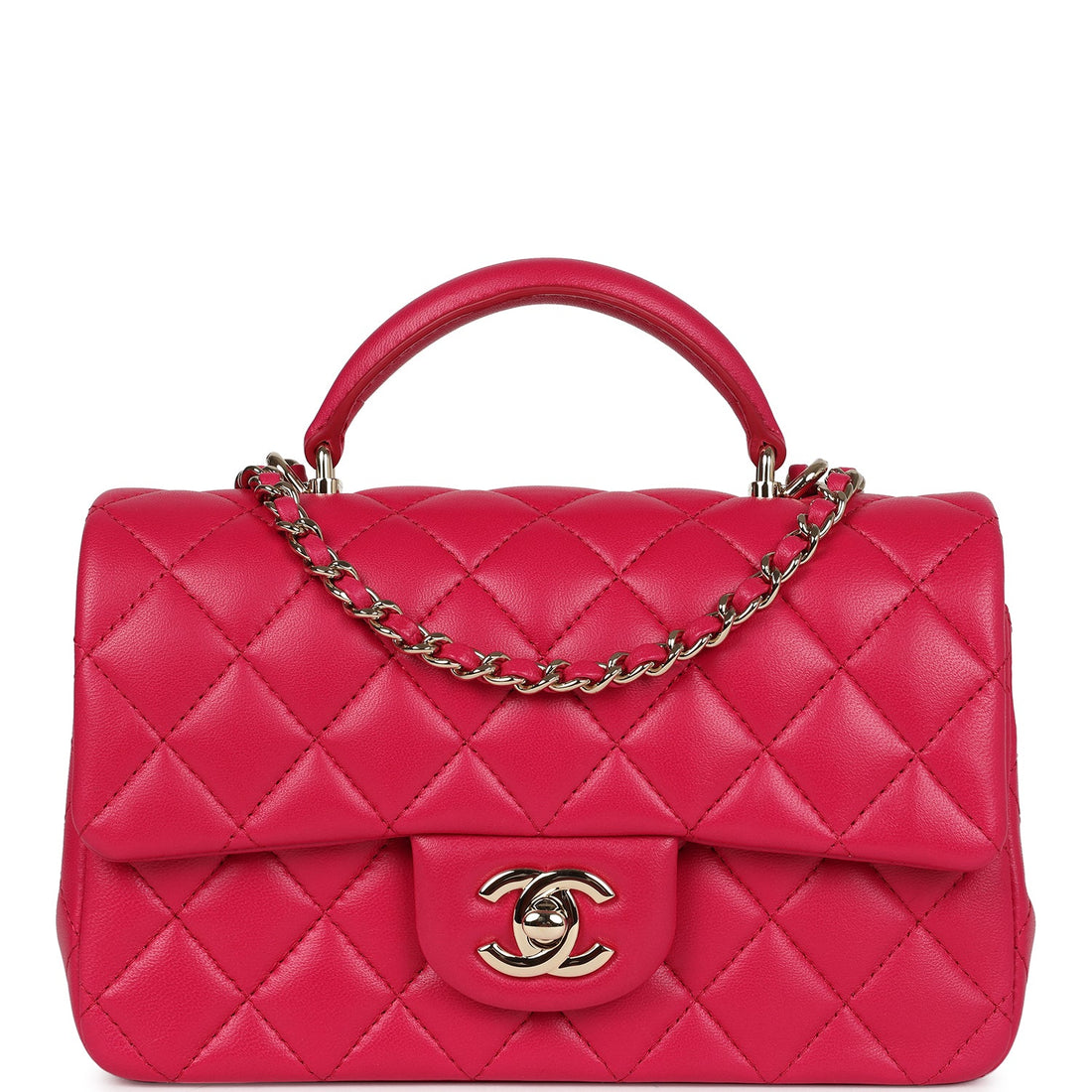 New Chanel Mini Top Handle Rectangular Flap Bag Fuchsia Lambskin Light Gold Hardware