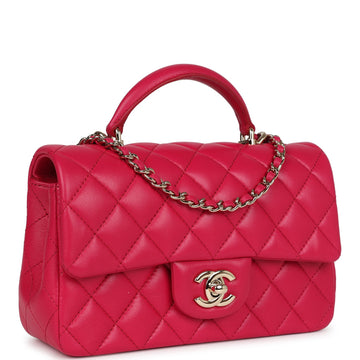 New Chanel Mini Top Handle Rectangular Flap Bag Fuchsia Lambskin Light Gold Hardware