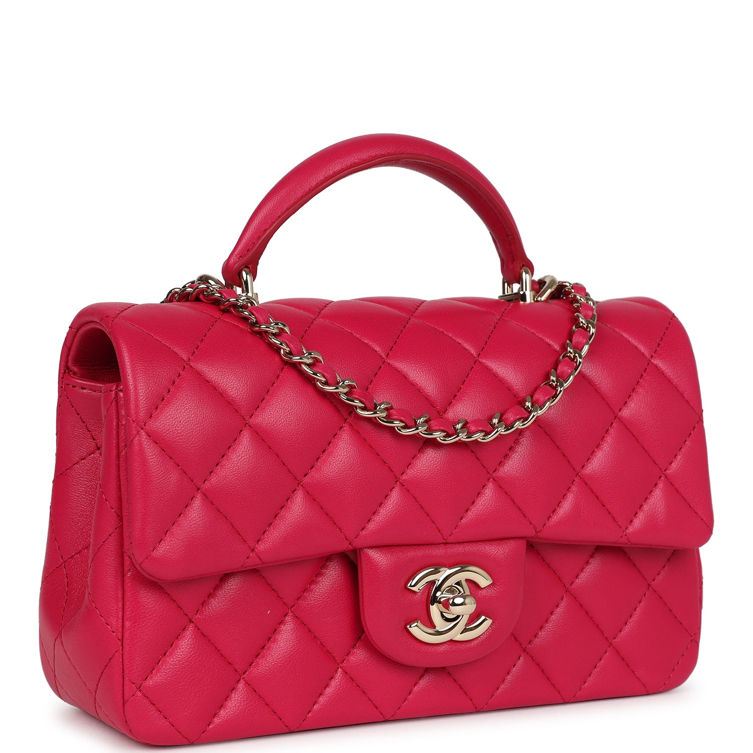 Chanel Mini Top Handle Rectangular Flap Bag Fuchsia Lambskin Light Gold Hardware