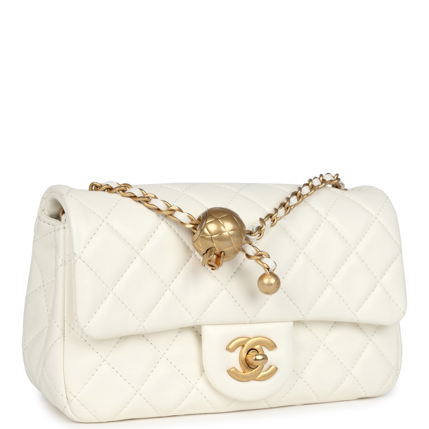 New Chanel Mini Square Pearl Crush Flap Bag White Lambskin Antique Gold Hardware