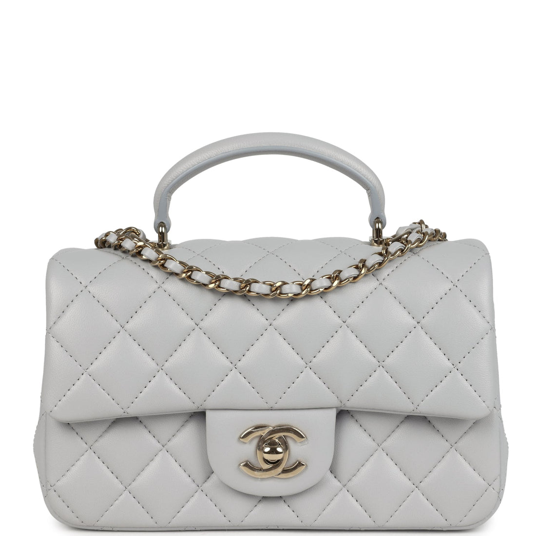 Chanel Mini Rectangular Flap Bag with Top Handle Light Grey Lambskin Light Gold Hardware