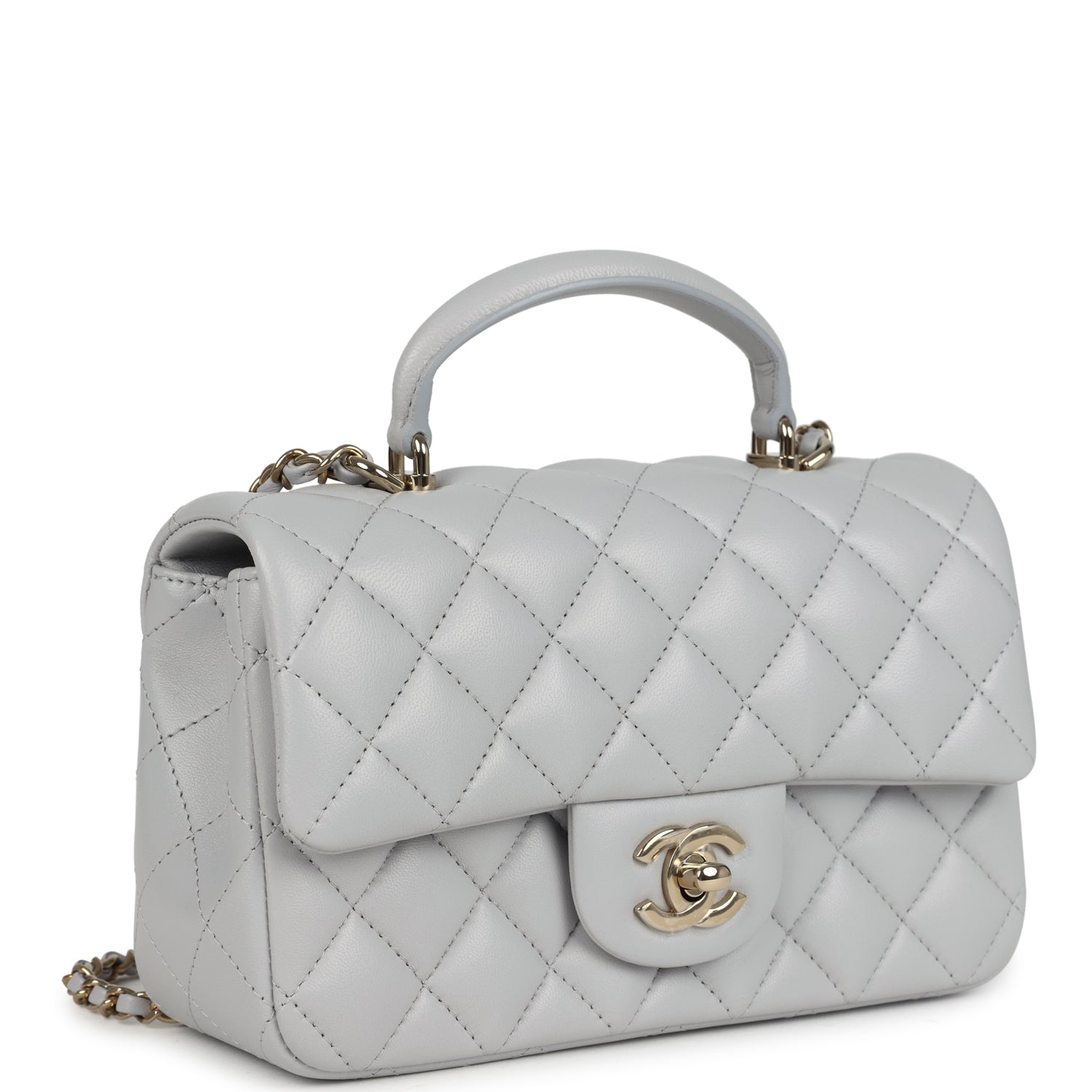 Chanel Mini Rectangular Flap Bag with Top Handle Light Grey Lambskin Light Gold Hardware