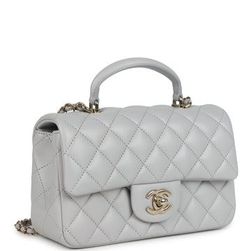 Chanel Mini Rectangular Flap Bag with Top Handle Light Grey Lambskin Light Gold Hardware