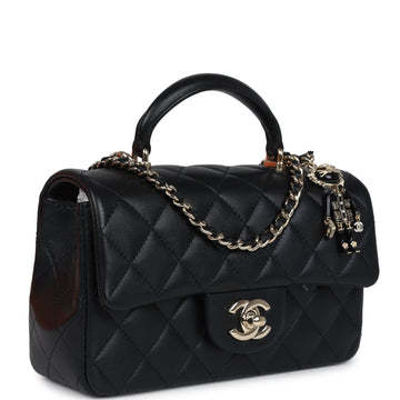 Chanel Mini Rectangular Top Handle Flap Bag Black Lambskin Light Gold Hardware