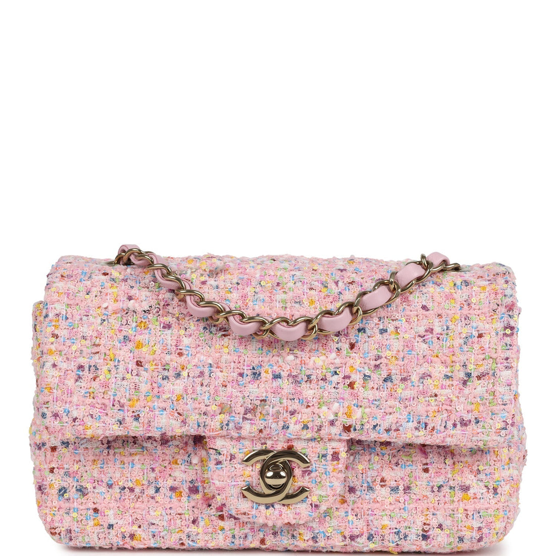 Chanel Mini Classic Rectangular Flap Bag Pink Tweed and Sequin Light Gold Hardware