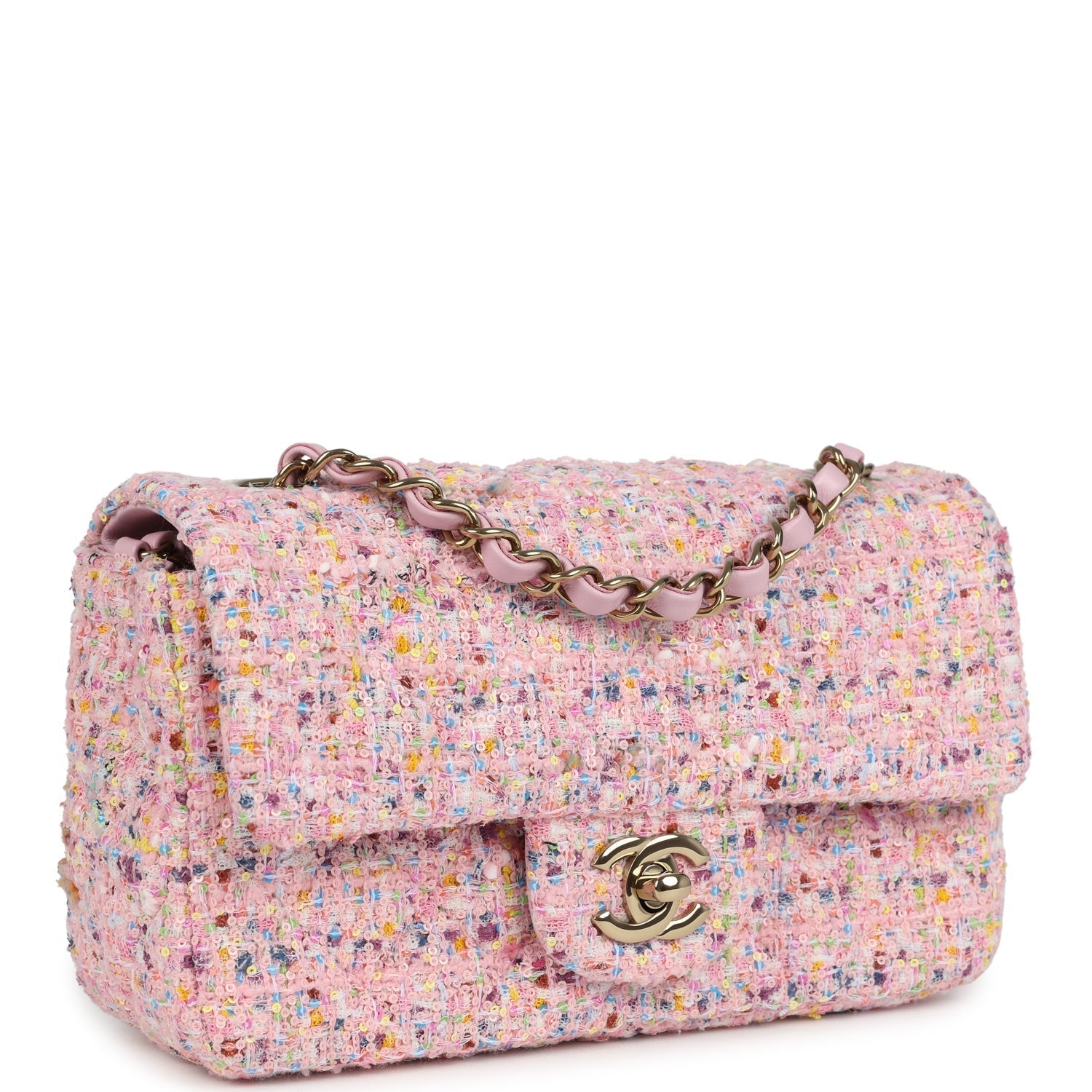 Chanel Mini Classic Rectangular Flap Bag Pink Tweed and Sequin Light Gold Hardware