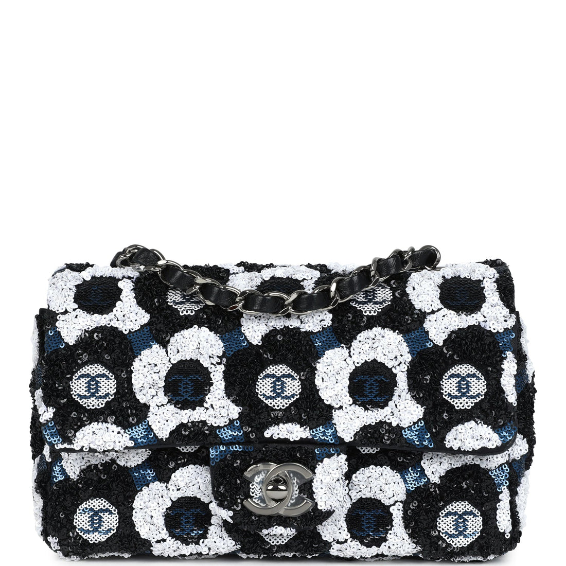 Chanel Mini Rectangular Flower Flap Bag Black, Navy and White Sequin Ruthenium Hardware